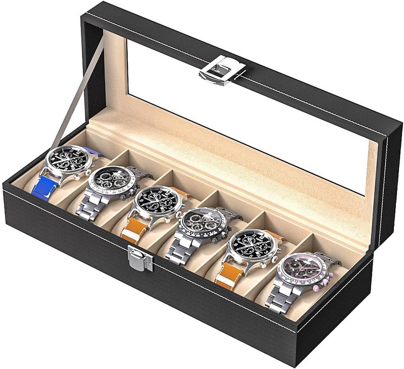 Ausalivan Watch Display Case For Men,Leather Watch Organizer Box,Watch Travel Organizer Tray,Watch Collection Storge Holder For Women (Black Leather, 6 Slots) - Image 1